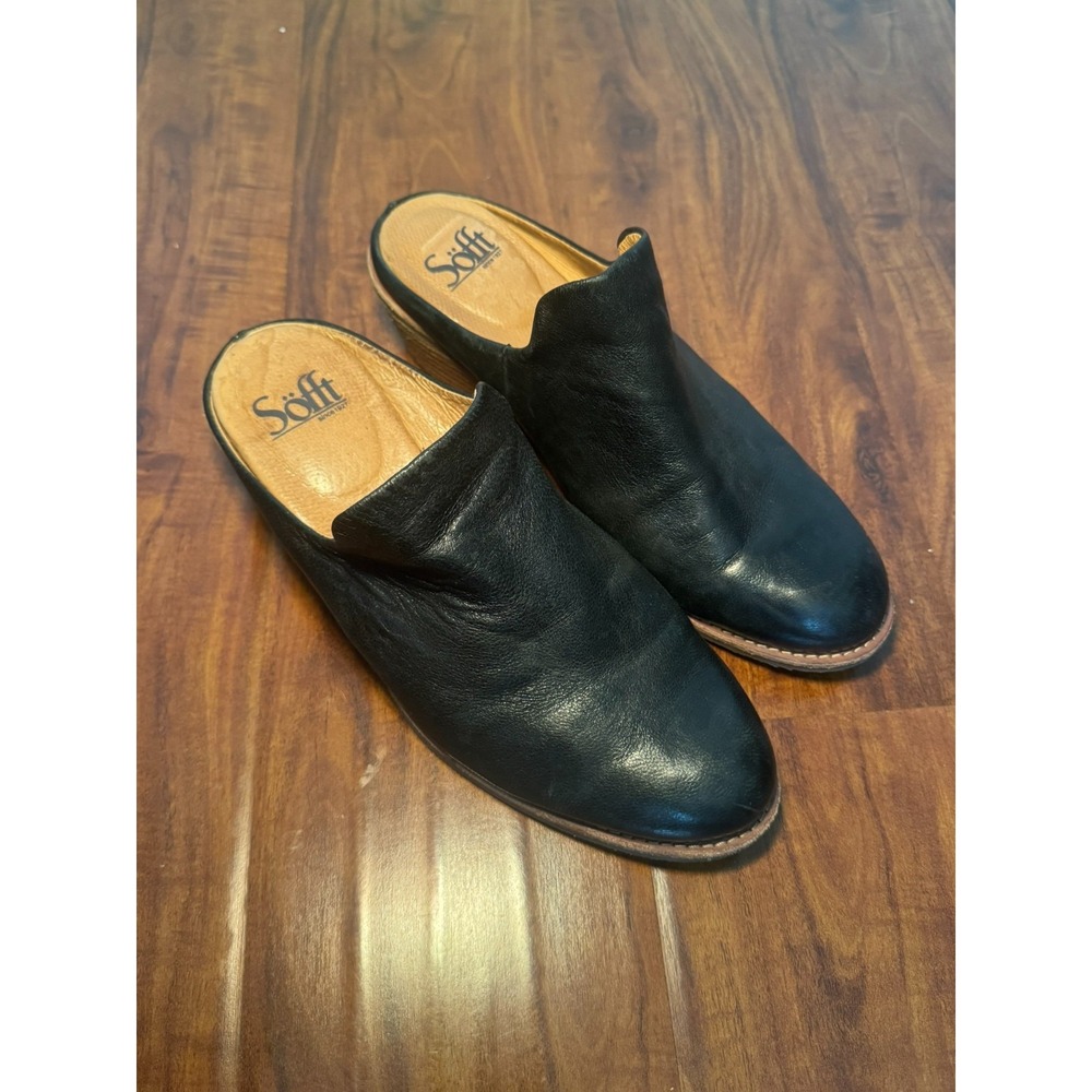 Sofft Women's Heels Mules Clogs 8 Black Leather Slip On 2" Block Heel Comfort